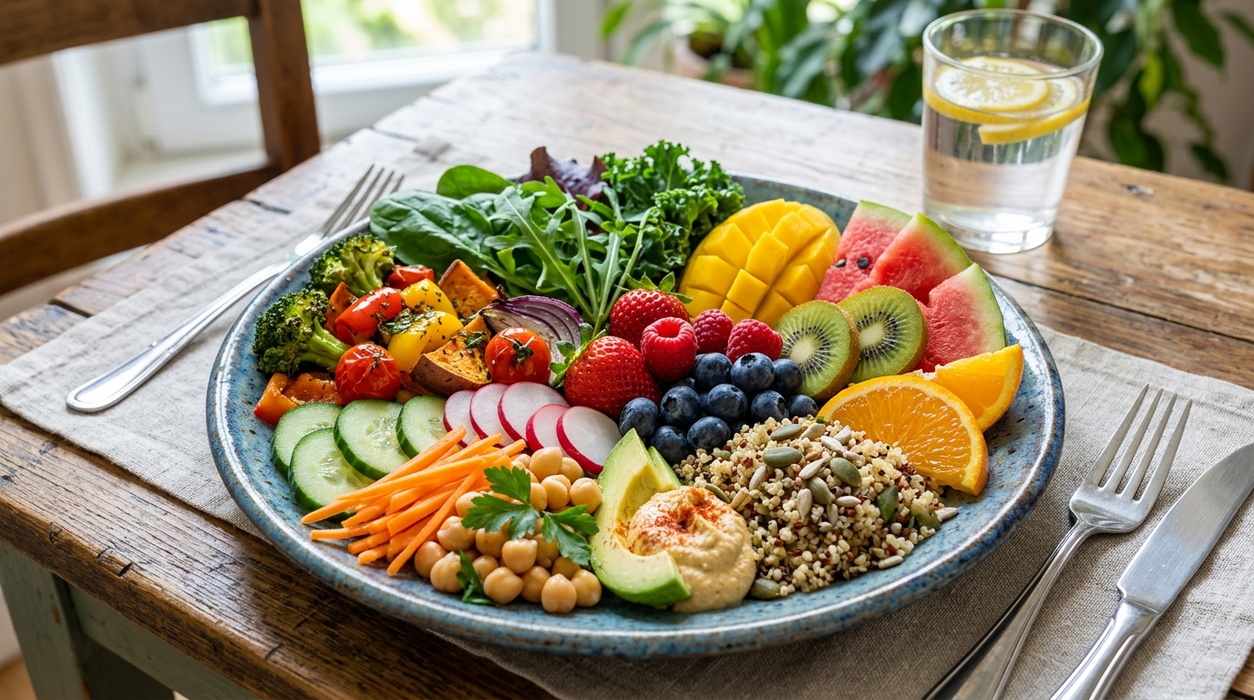 Barevný talíř plný čerstvé zeleniny a ovoce pro vyvážený jídelníček